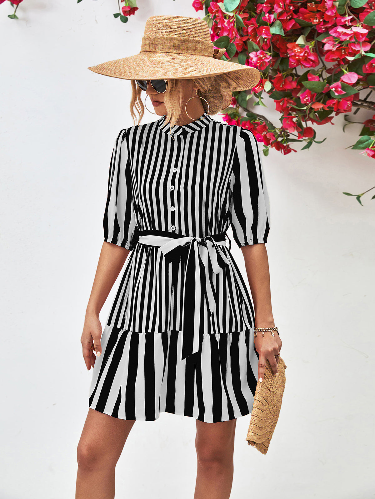 Striped Half Sleeve Tie Waist Mini Dress (12)