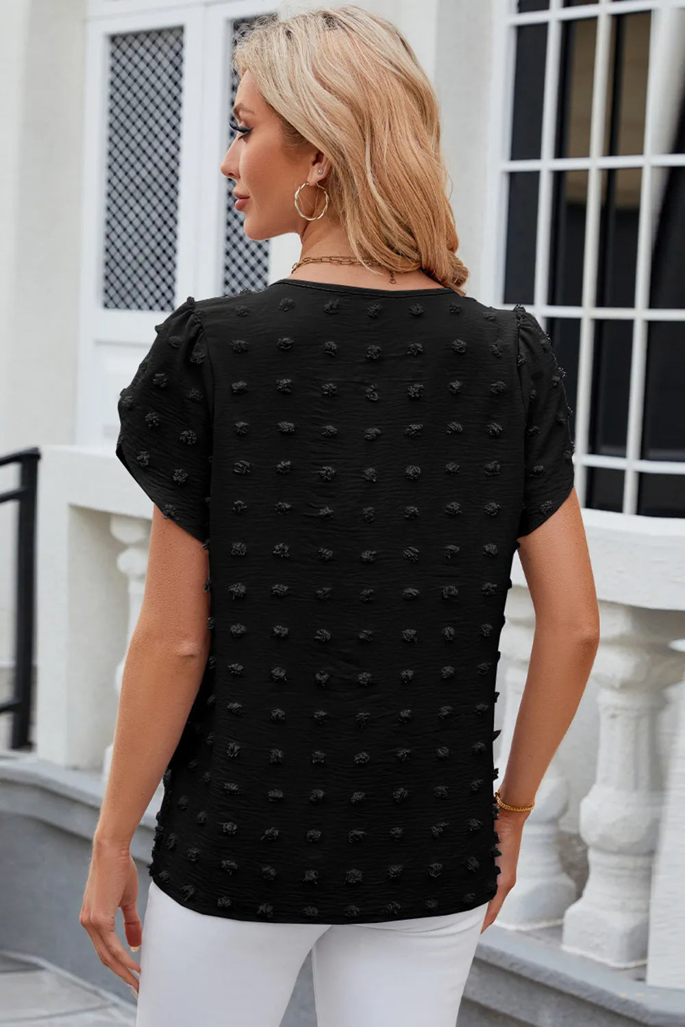Swiss Dot Round Neck Short Sleeve T-shirt (8)