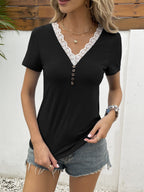 Lace Trim V-neck Short Sleeve Blouse (3)