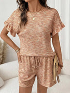 Ruffle Sleeve Textured Top Shorts Set (20)