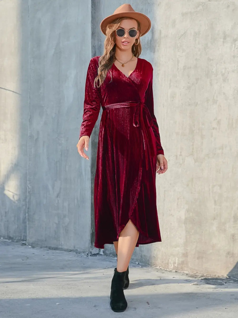 Tie Front Long Sleeve Slit Dress (5)