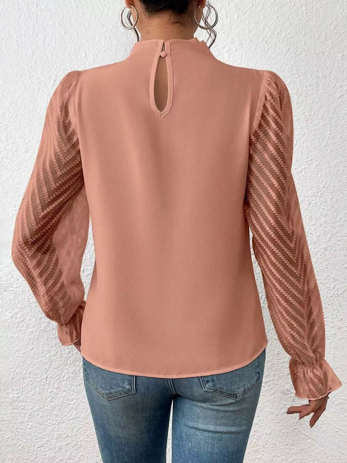 Mock Neck Sheer Lace Sleeve Blouse (21)
