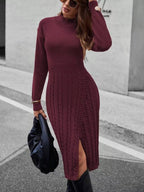 Full Size Mock Neck Cable Knit Sweater Dress Front Slit Plus (42)