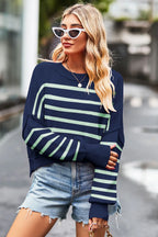 Striped Round Neck Drop Shoulder Slit Sweater (3)