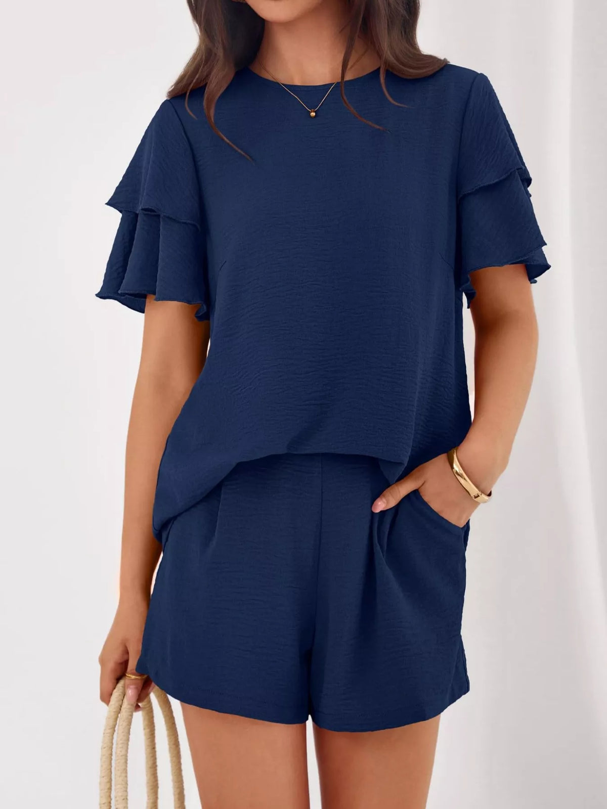 Ruffle Sleeve Top Shorts Two-piece Set (19)