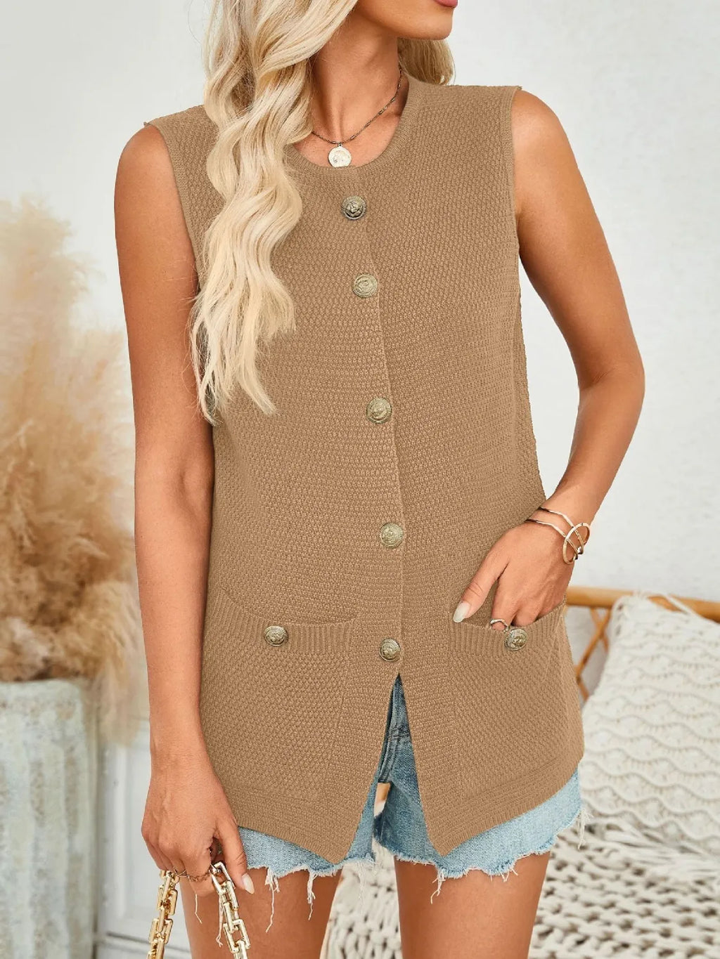 Button Down Round Neck Knit Vest (10)