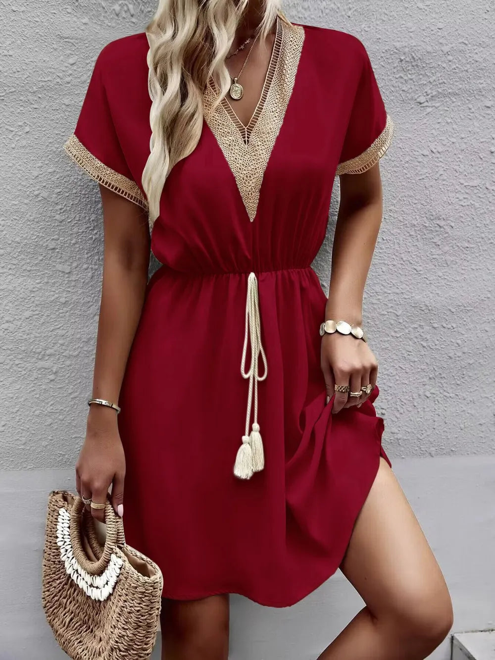 Contrast Trim V-neck Short Sleeve Mini Dress (19)