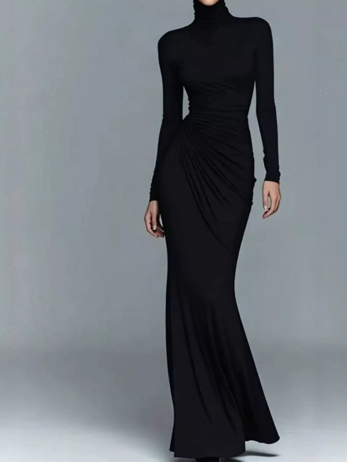 Turtleneck Long-sleeve Ruched Maxi Dress (5)