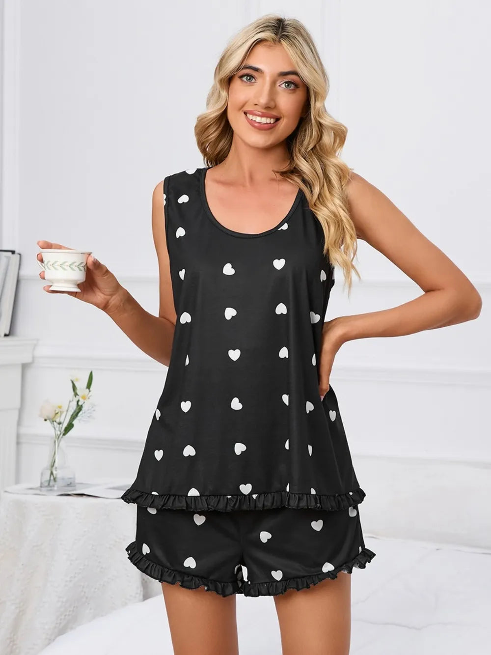 Heart Scoop Neck Tank Shorts Lounge Set