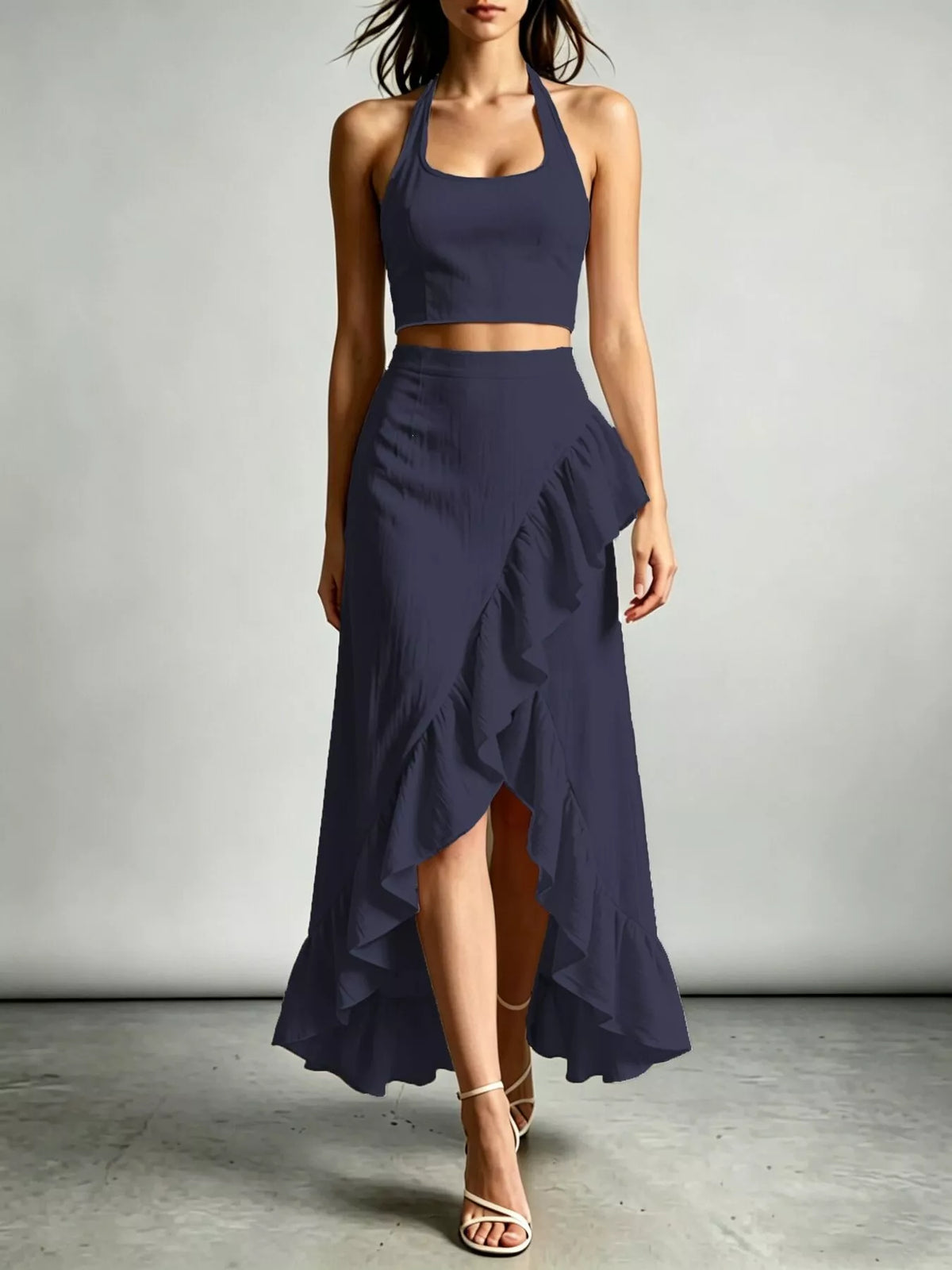 Halter Neck Crop Top High-low Maxi Skirt Two-piece Set (4)