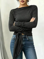 Long Sleeve Striped T-shirt Front Tie Detail (4)