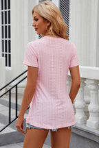 Eyelet Slit Round Neck Short Sleeve T-shirt (16)