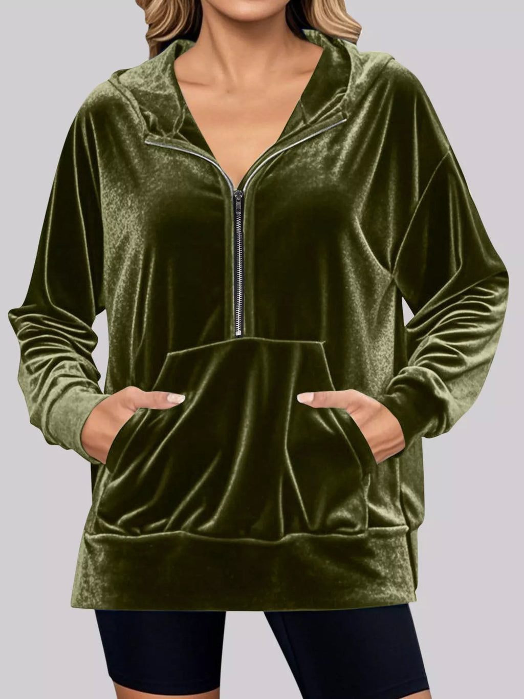 Full Size Velvet Half Zip Hoodie Kangaroo Pocket Plus