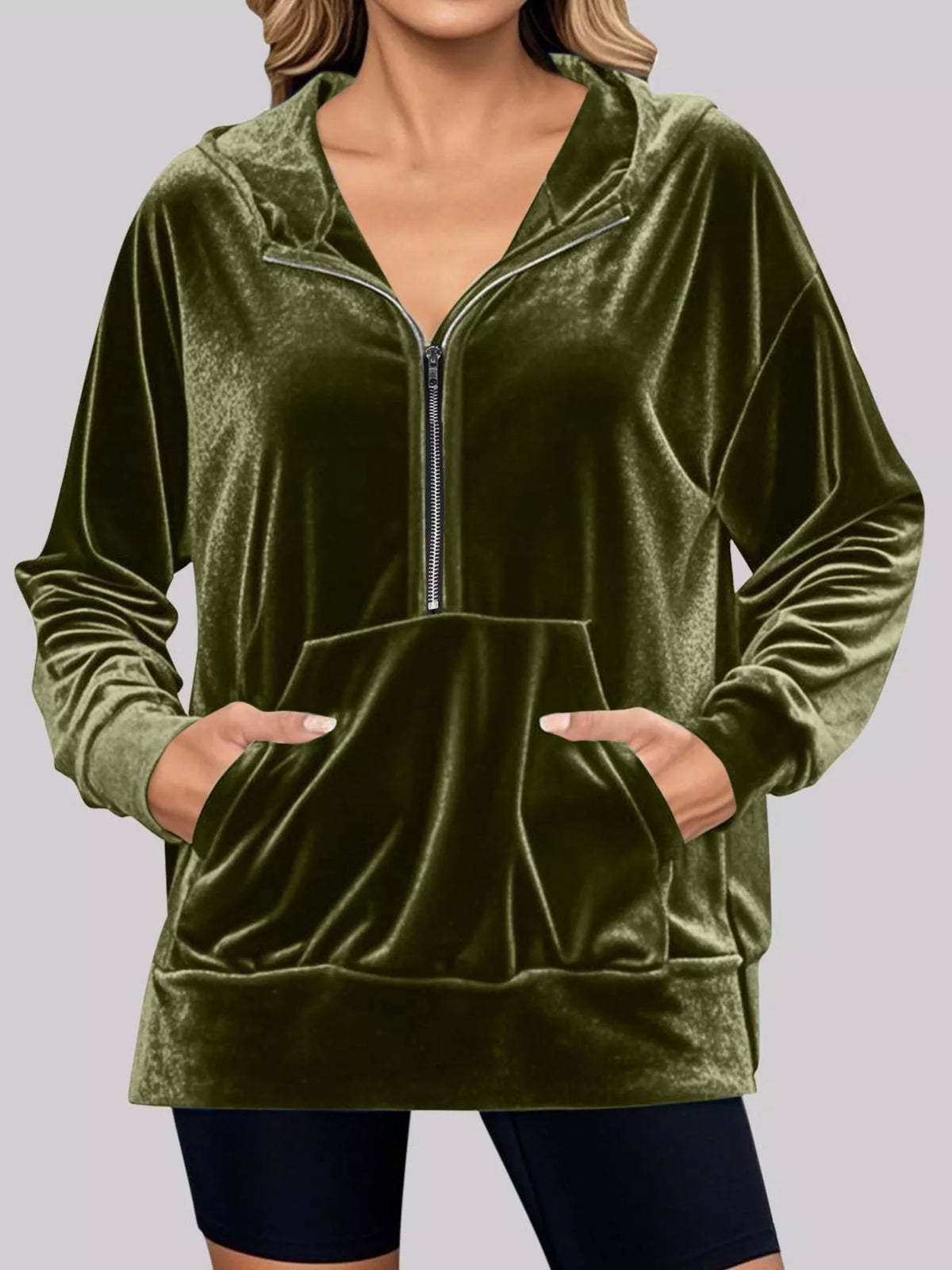 Full Size Velvet Half Zip Hoodie Kangaroo Pocket Plus