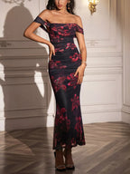 Off-shoulder Ruched Floral Mermaid Dress (32)
