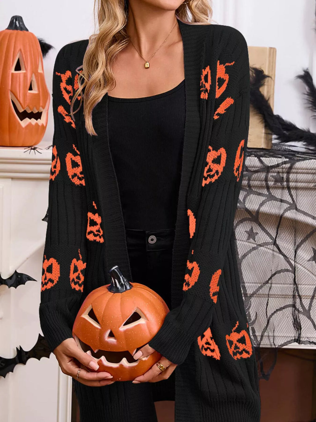 Halloween Pumpkin Open Front Knit Cardigan (2)