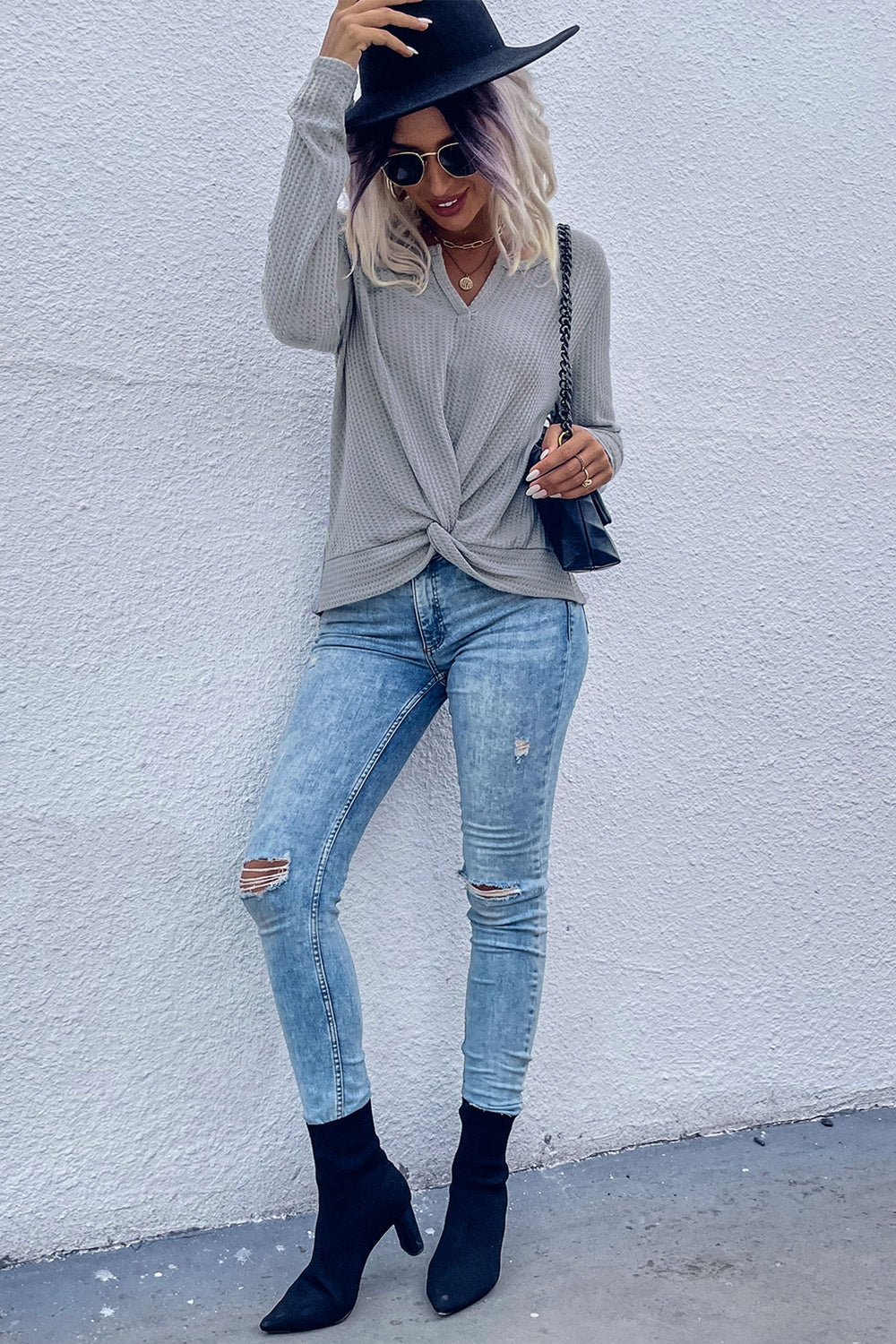 Twist Front Long Sleeve Waffle Knit Top (10)