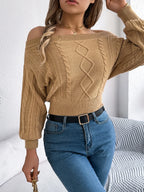 Cable Knit Off-shoulder Long Sleeve Sweater (6)