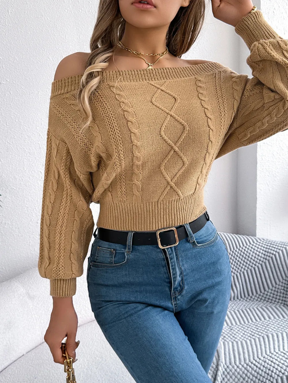 Cable Knit Off-shoulder Long Sleeve Sweater (6)
