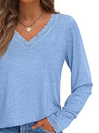 Lace Trim V-neck Long Sleeve T-shirt (17)