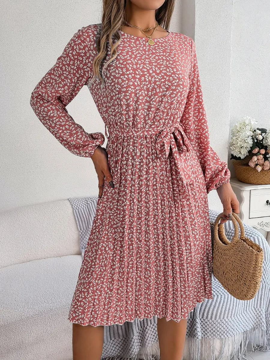 Ditsy Floral Tie Waist Pleated Dress (10)