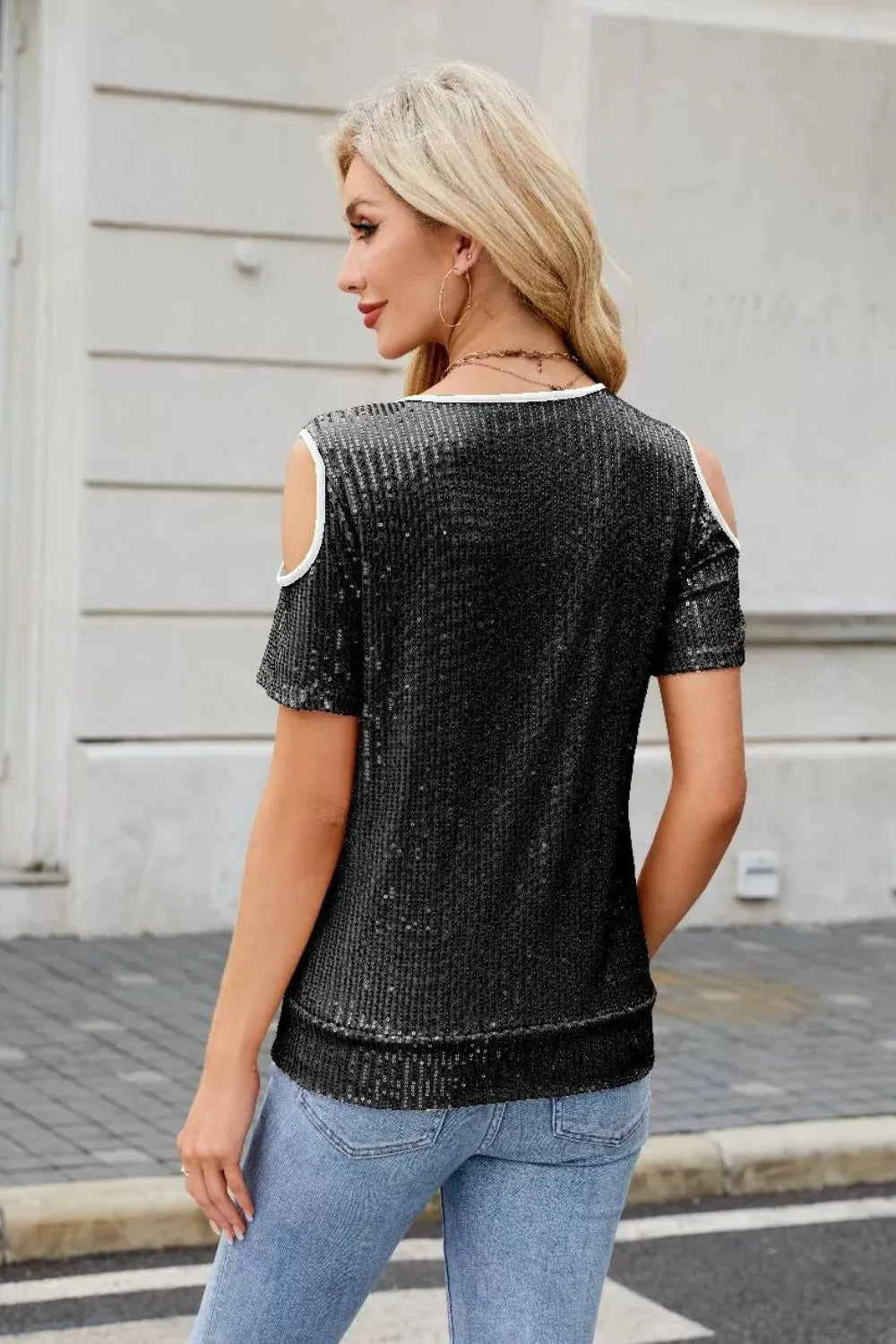 Sequin Crisscross V-neck Cold Shoulder Blouse (3)