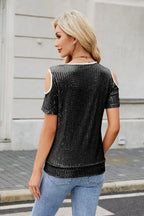 Sequin Crisscross V-neck Cold Shoulder Blouse (3)