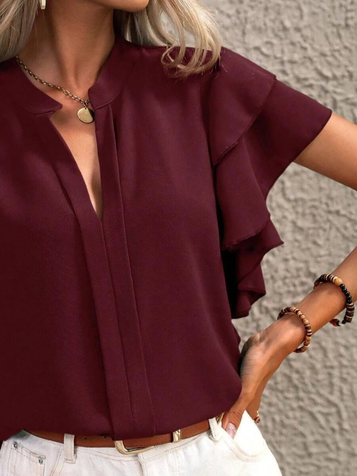 Ruffle Sleeve Notched Blouse (27)