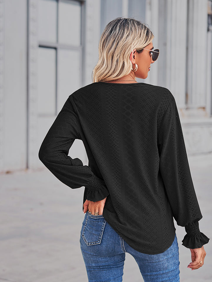 V-neck Eyelet Flounce Sleeve Blouse (9)