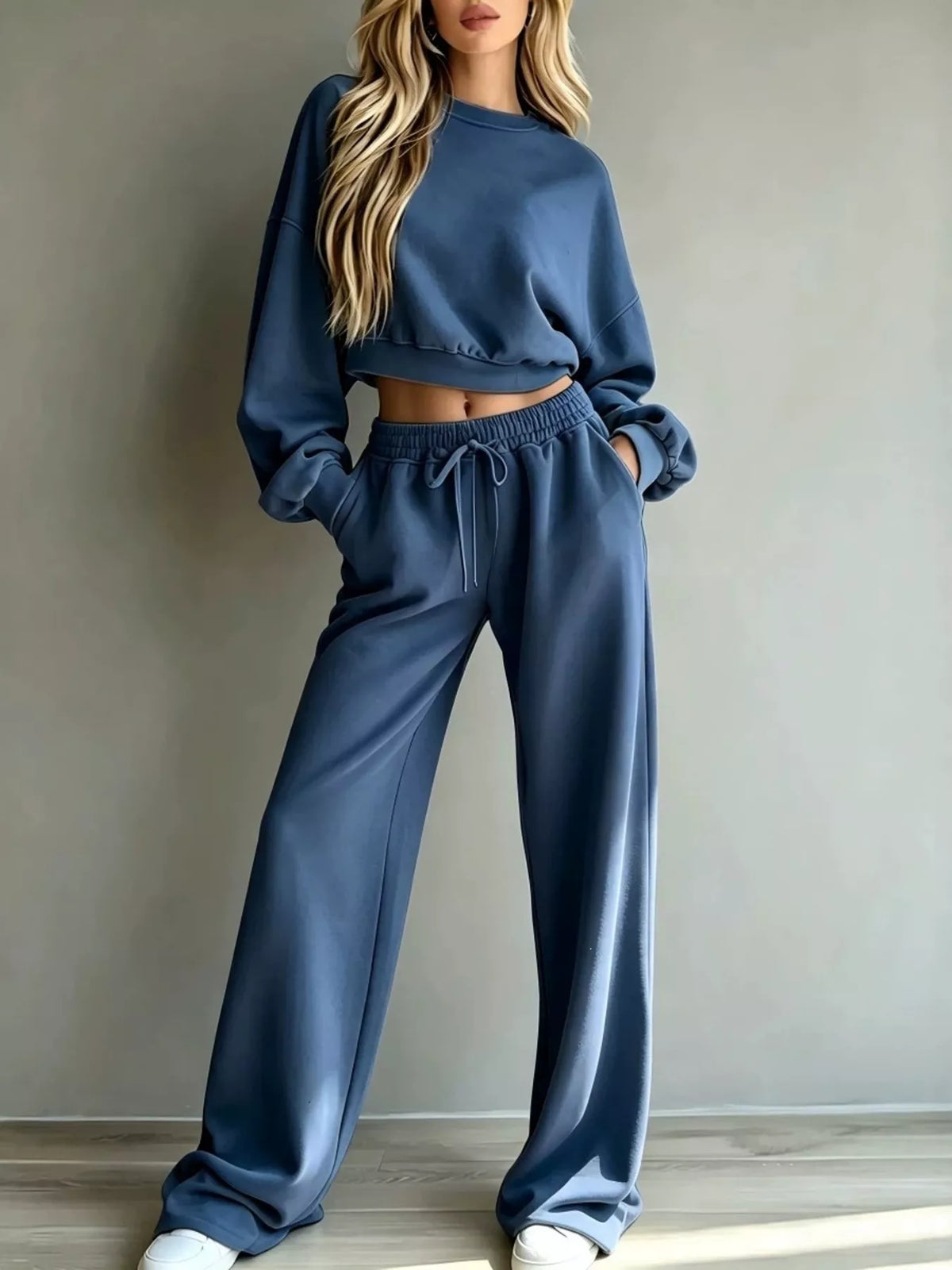 Round Neck Cropped Sweatshirt Wide-leg Pants Set (15)