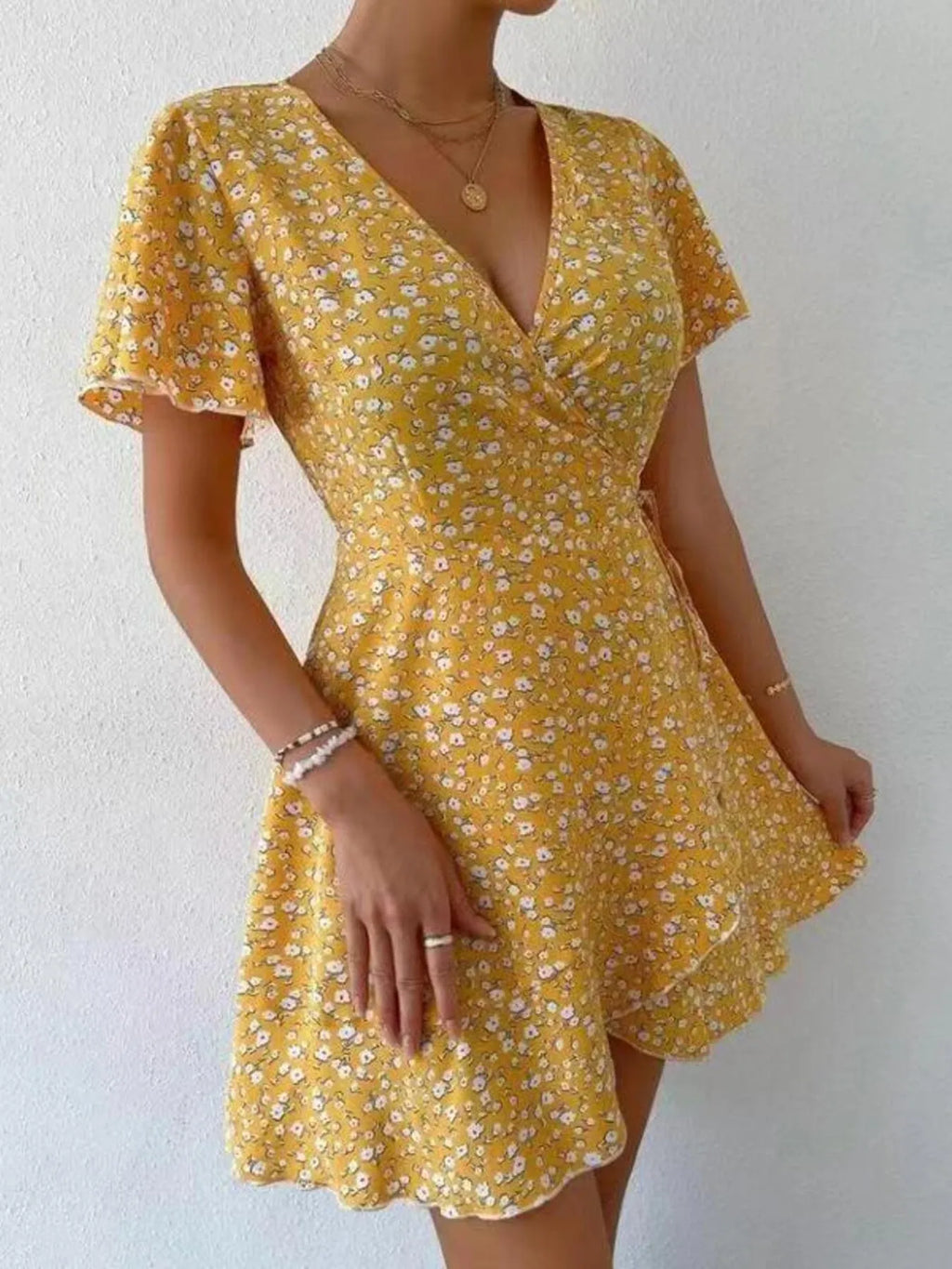 Floral Flutter Sleeve Wrap Mini Dress (5)
