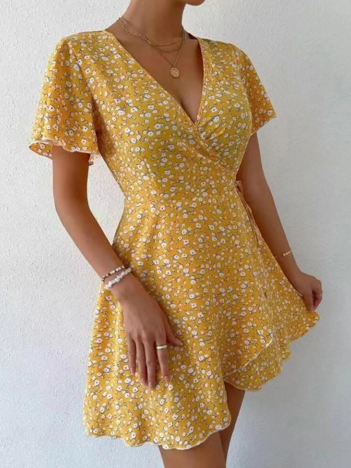 Floral Flutter Sleeve Wrap Mini Dress (5)