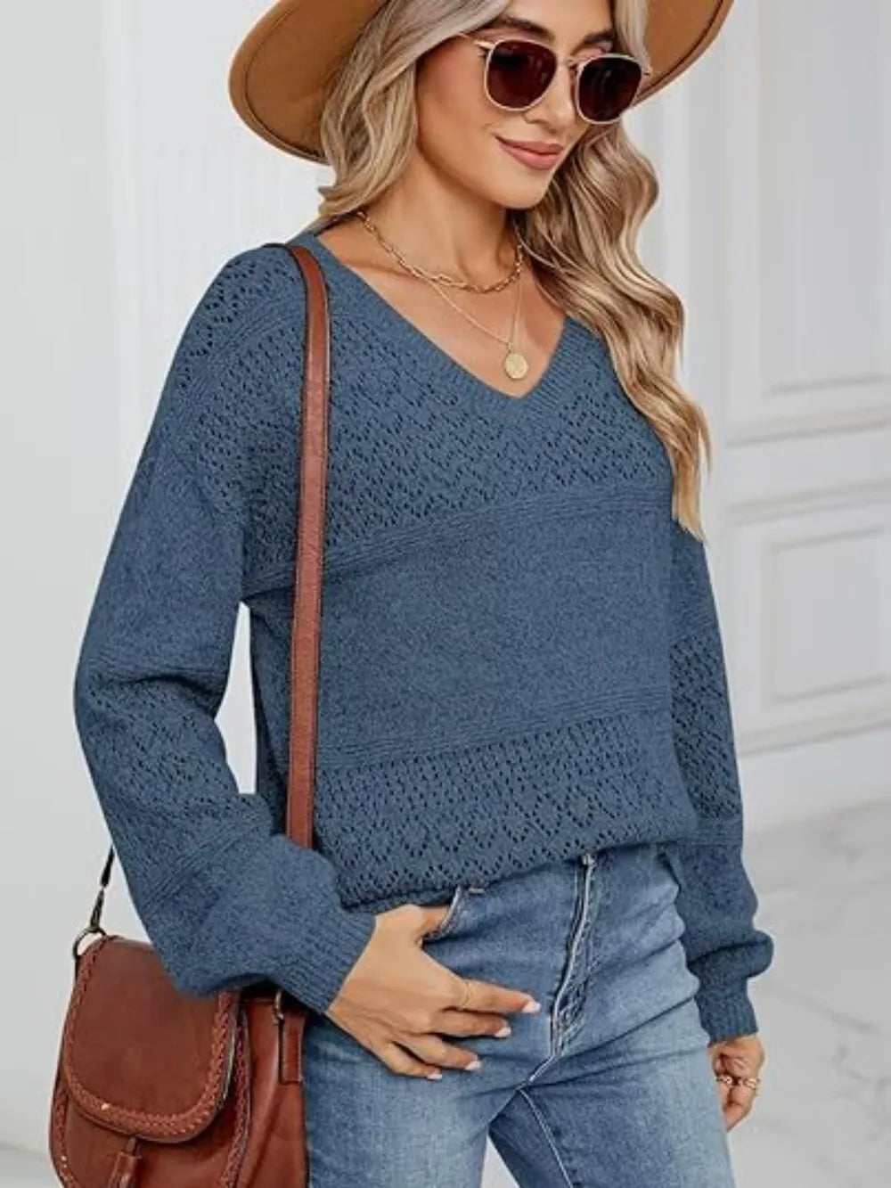 Eyelet V-neck Long Sleeve Sweater (8)