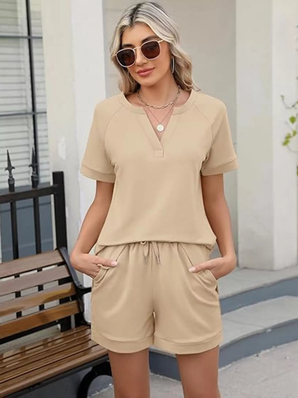Solid Color Short Sleeve Top Shorts Two-piece Set (6)