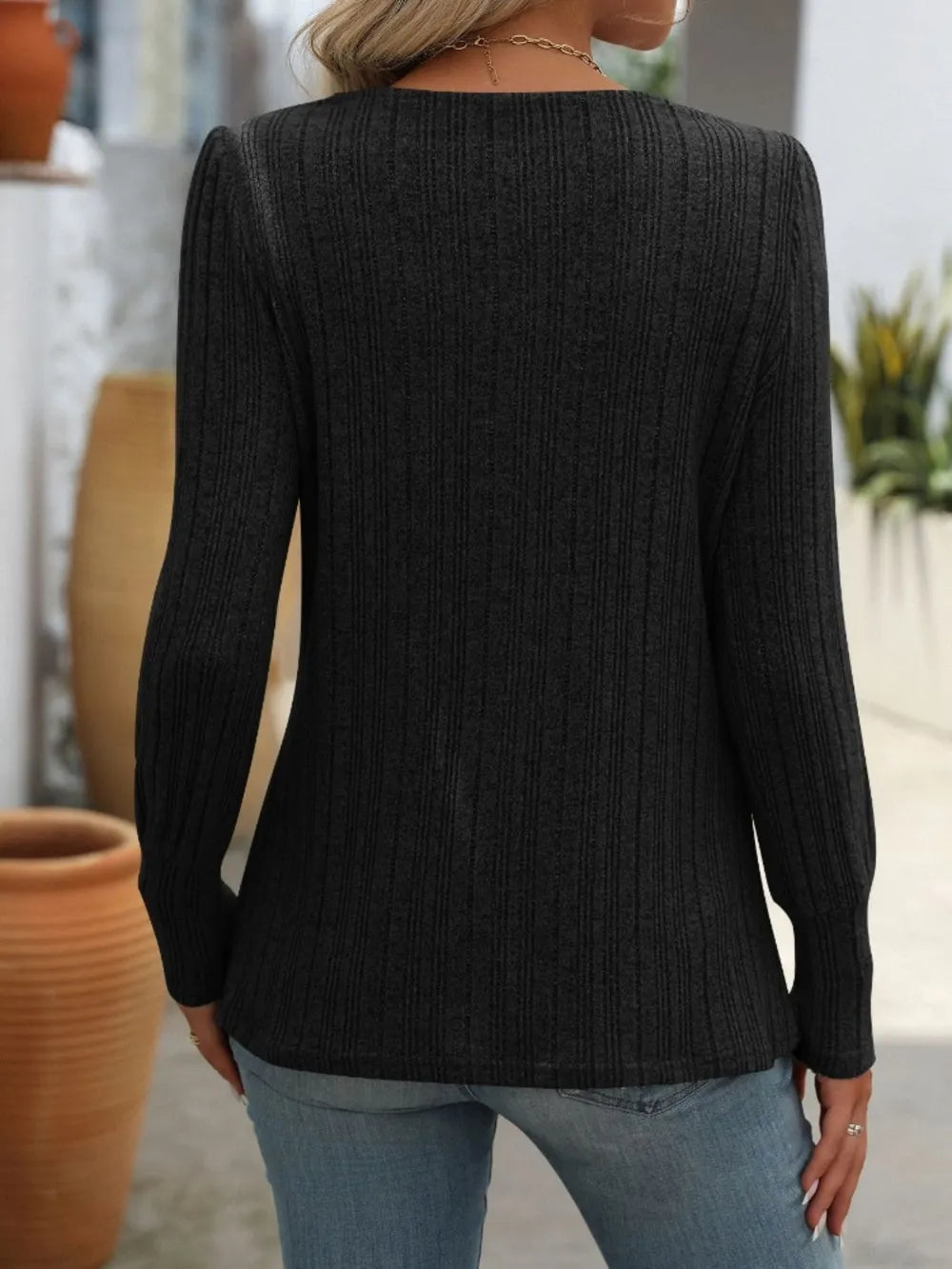 Decorative Button Striped Square Neck Long Sleeve T-shirt (11)