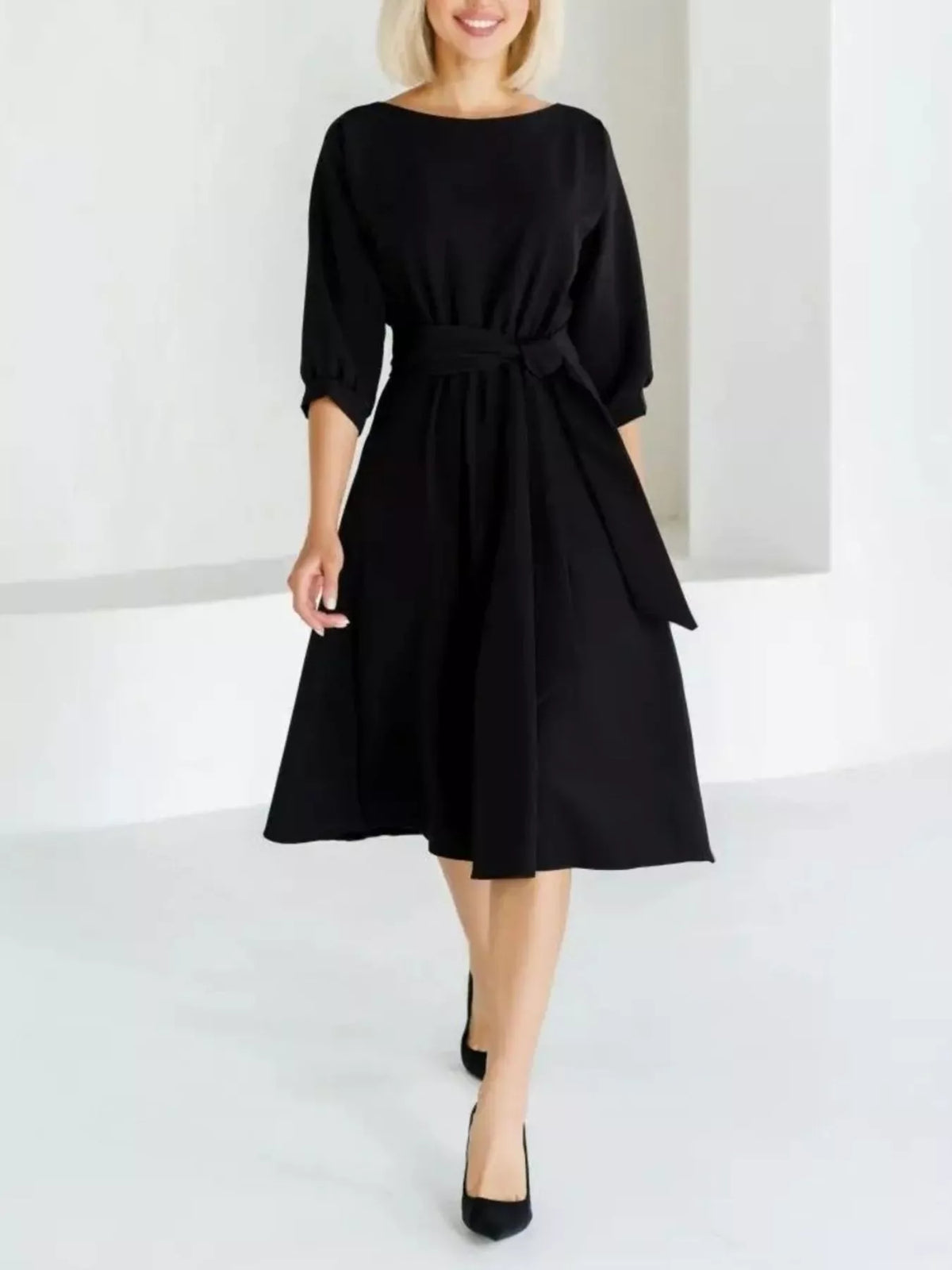 Elegant Belted Waist Midi Dress (5)