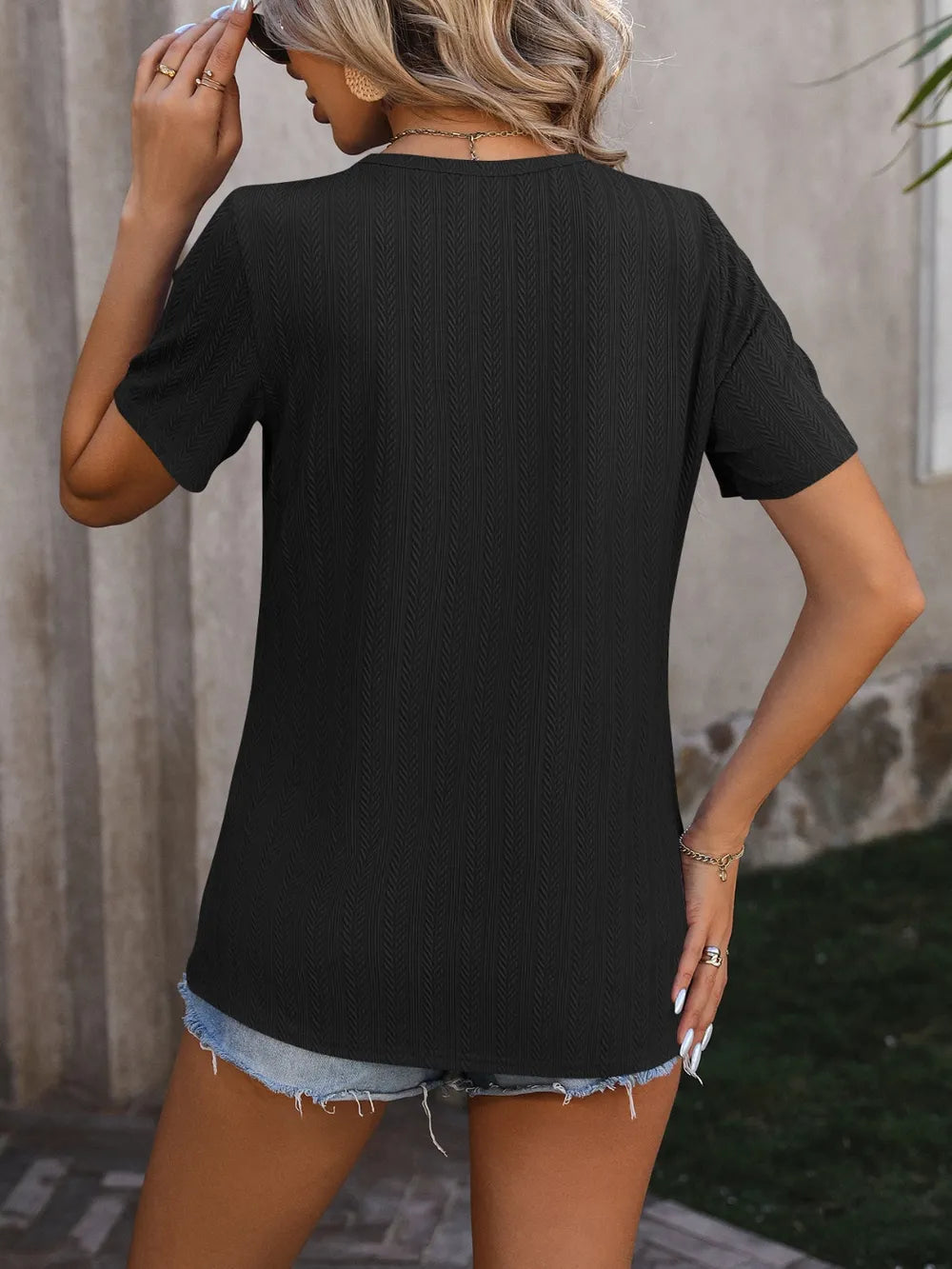 Decorative Button Round Neck Short Sleeve Blouse (12)