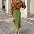 Avocado Green Suede Skirt High Waist Slimming variant CJQZ212193501AZ|CJQZ212193502BY|CJQZ212193503CX