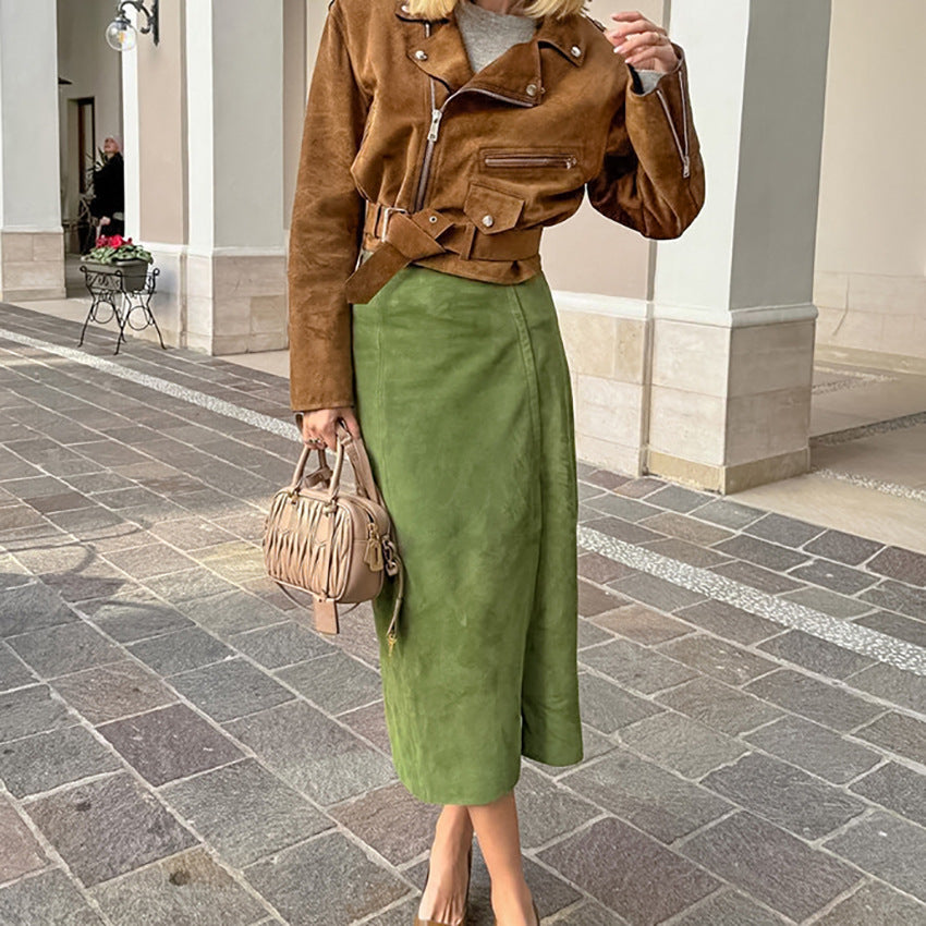 Avocado Green Suede Skirt High Waist Slimming variant CJQZ212193501AZ|CJQZ212193502BY|CJQZ212193503CX