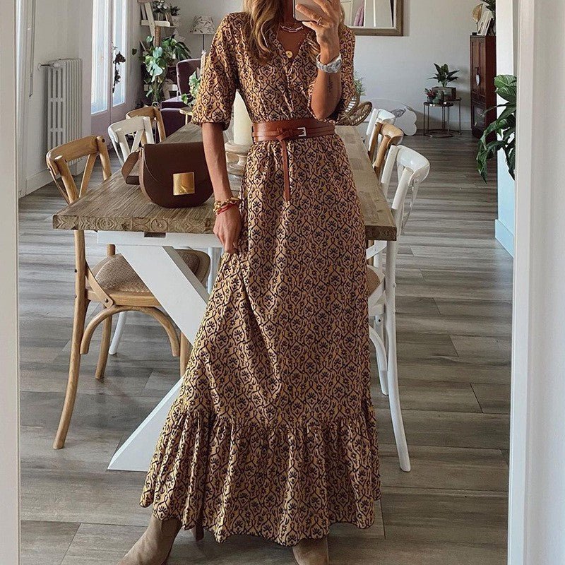 Half Collar Printed Bohemian A-line Skirt variant CJLY168639401AZ|CJLY168639402BY|CJLY168639403CX|CJLY168639404DW|CJLY168639405EV