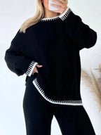 Contrast Trim Round Neck Top Pants Sweater Set (2)