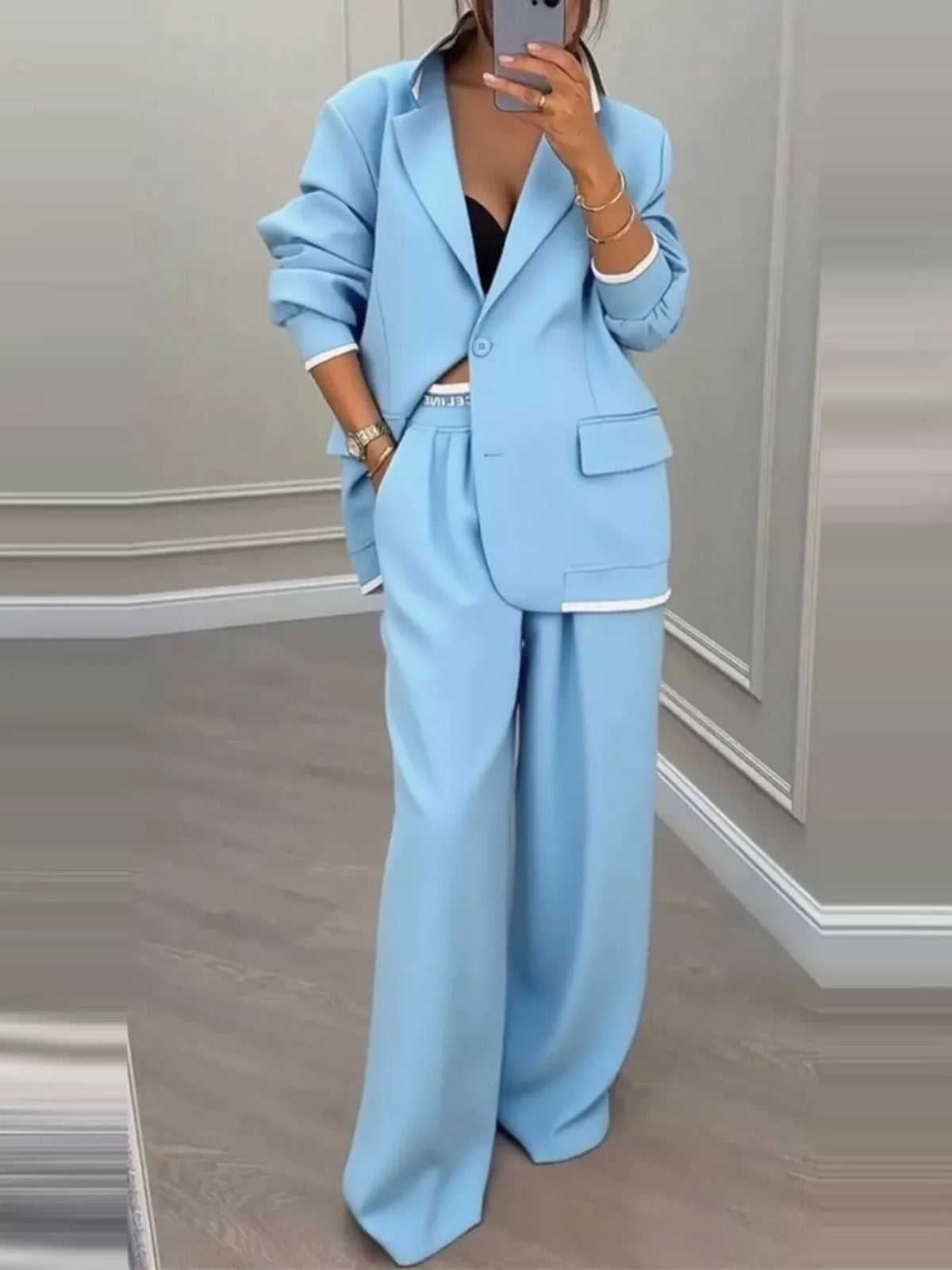 Full Size One Button Blazer Wide-leg Pants Set Plus (13)