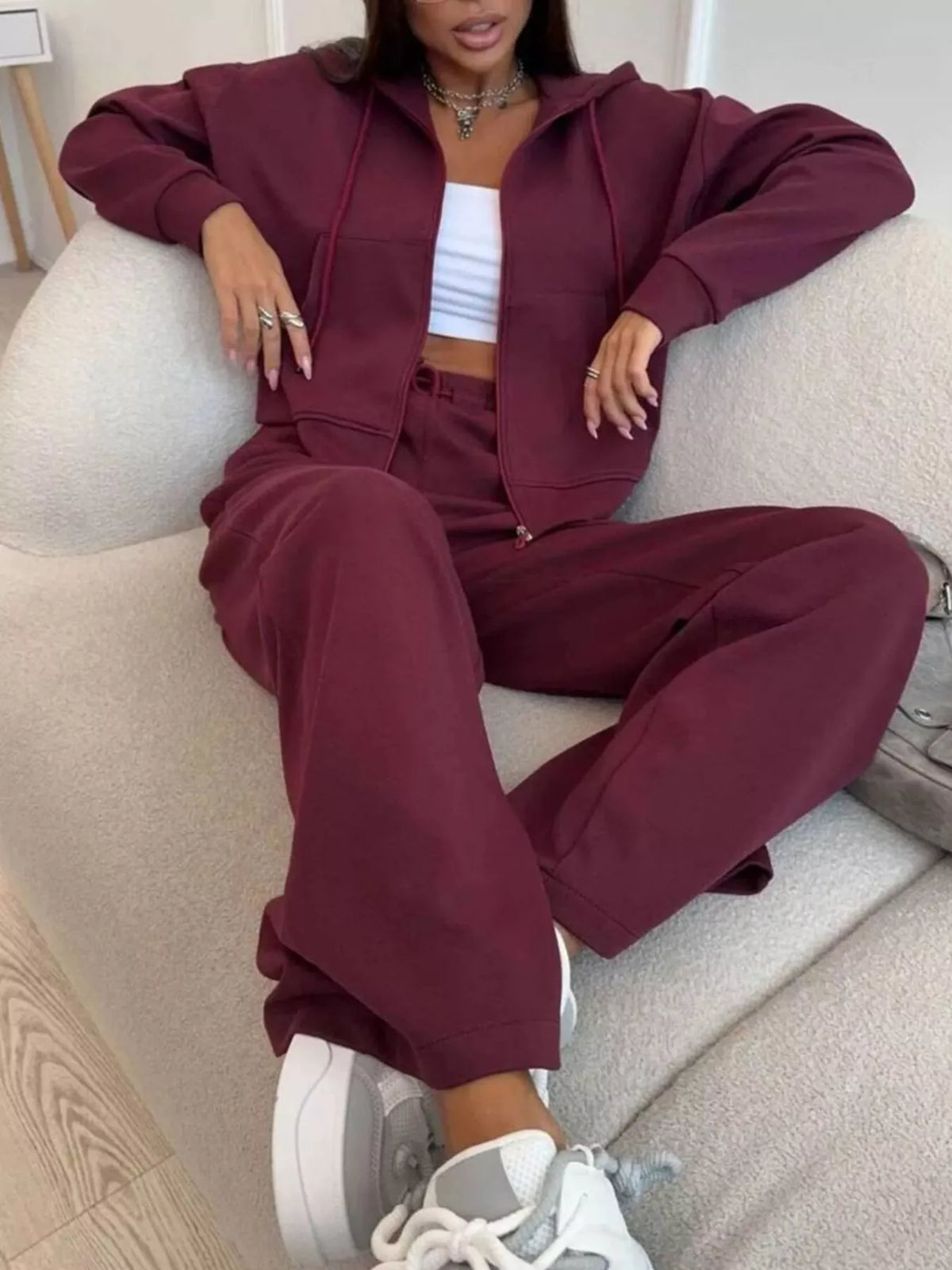 Zip-up Hoodie Wide-leg Pants Set (12)
