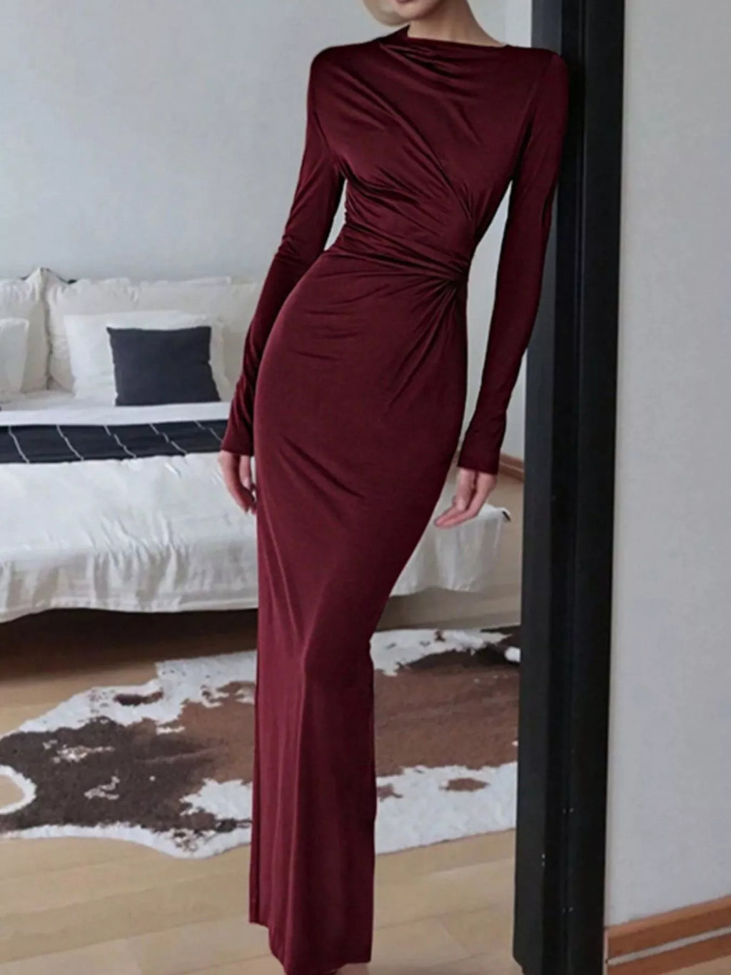 Ruched Long Sleeve Bodycon Maxi Dress (5)