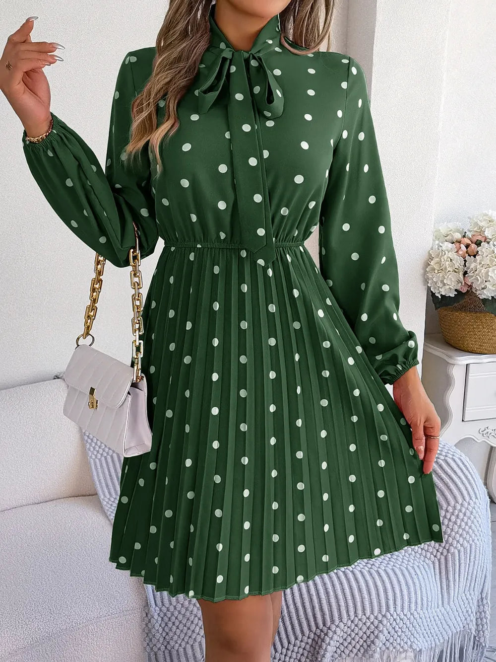 Polka Dot Tie Neck Pleated Dress (24)