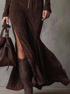 Full Size Slit Zip-front Long Sleeve Maxi Dress Belt Plus (3)