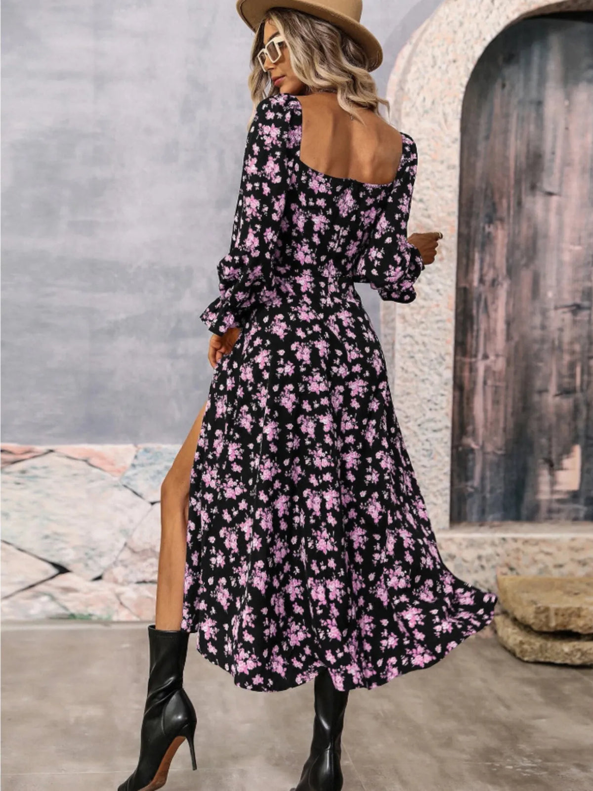 Floral Print Square Neck Flounce Sleeve Dress Side Slit (17)