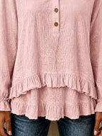 V-neck Long Sleeve Button Detail Ruffled Hem Blouse (9)