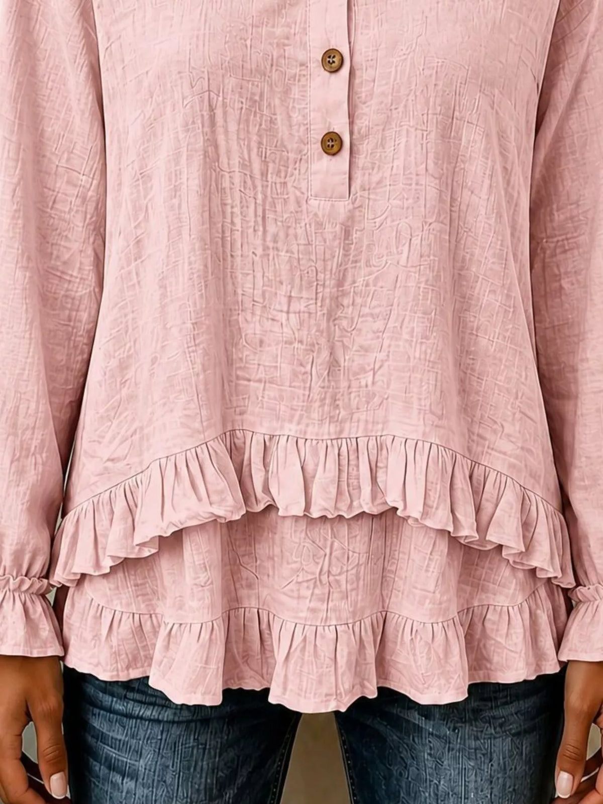 V-neck Long Sleeve Button Detail Ruffled Hem Blouse (9)