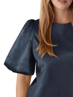 Round Neck Puff Sleeve Satin Top (5)